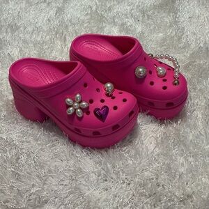 CROCS Pink Platform Clogs with Pearl Accents